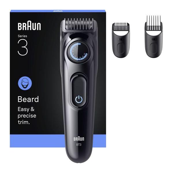 Black Braun Series 3 BT3520 beard trimmer with precision dial, power button, and two detachable styling combs.
