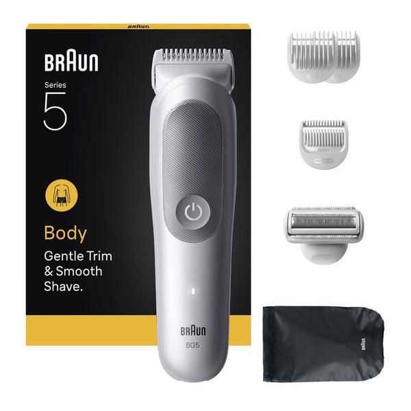 Grey Braun Series 5 body groomer with attachments, shaver head, and travel pouch against its product packaging.