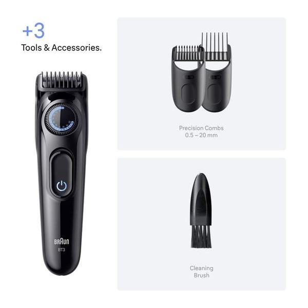 Black Braun Series 3 BT3520 beard trimmer with precision combs and cleaning brush for 40 length settings.