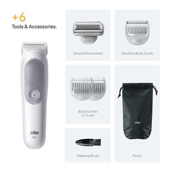 Grey Braun Series 5 body groomer with shaver head, sensitive comb, 3mm and 5mm body combs, cleaning brush, and travel pouch.