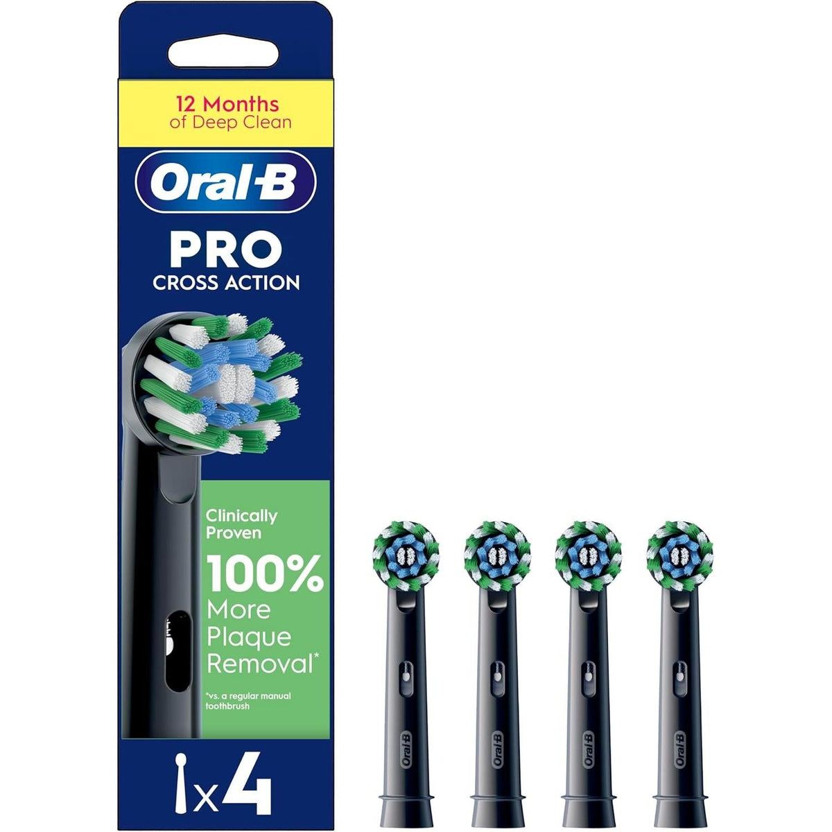 Oral-B Pro Cross Action 4pk Replacement Toothbrush Head, X-Shape and Angled Bristles for Deeper Plaque Removal - Black