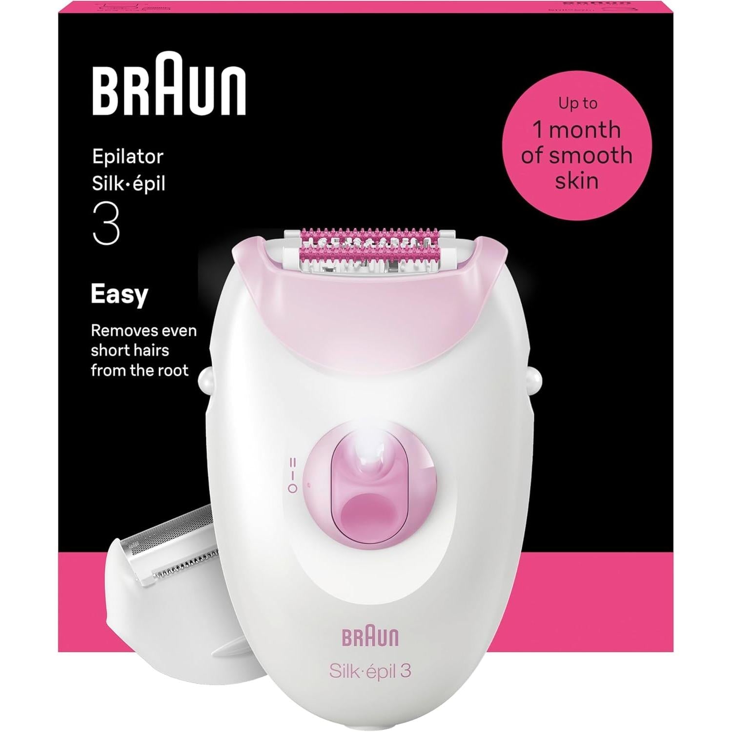 Braun Silk·épil 3, Corded Epilator, Easy Hair Removal, Lasting Smooth Skin, Includes Shaver Head and Trimmer Comb, 3-031, Pink