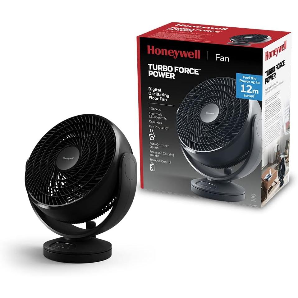 Honeywell Large Floor Fan Turbo Force Digital Oscillating - 3 Speeds and 90 Degree Pivot), Black, (HF715BEV1)