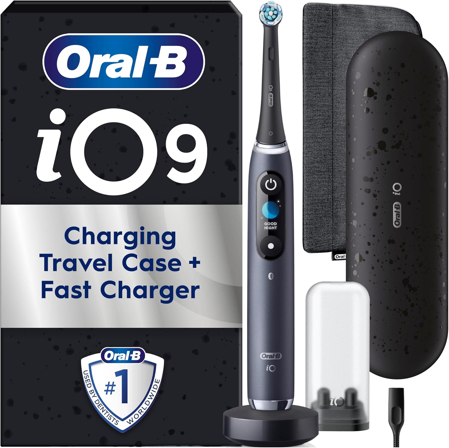 Oral-B iO9 Electric Toothbrushes , App Connected ,1 Toothbrush Head, Charging Travel Case & Magnetic Pouch, 7 Modes, 2 Pin Plug, Black Onyx Edition