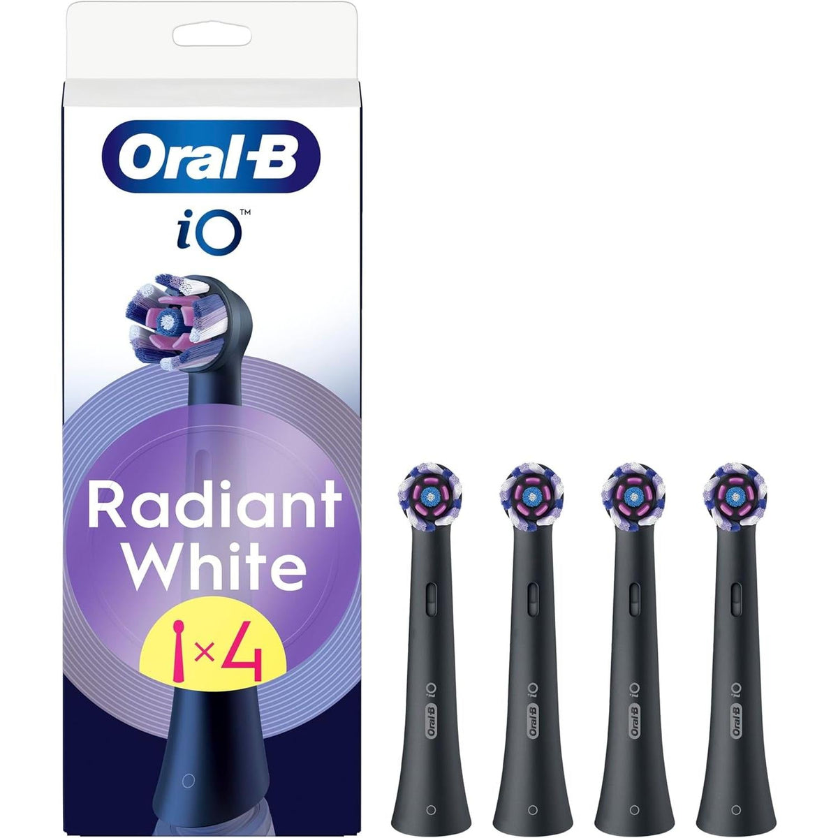 Oral-B iO Radiant White 4pk Replacement Toothbrush Heads, with Angled Bristles for Deep Plaque Removal & Polishing Petals for Teeth Whitening, Black