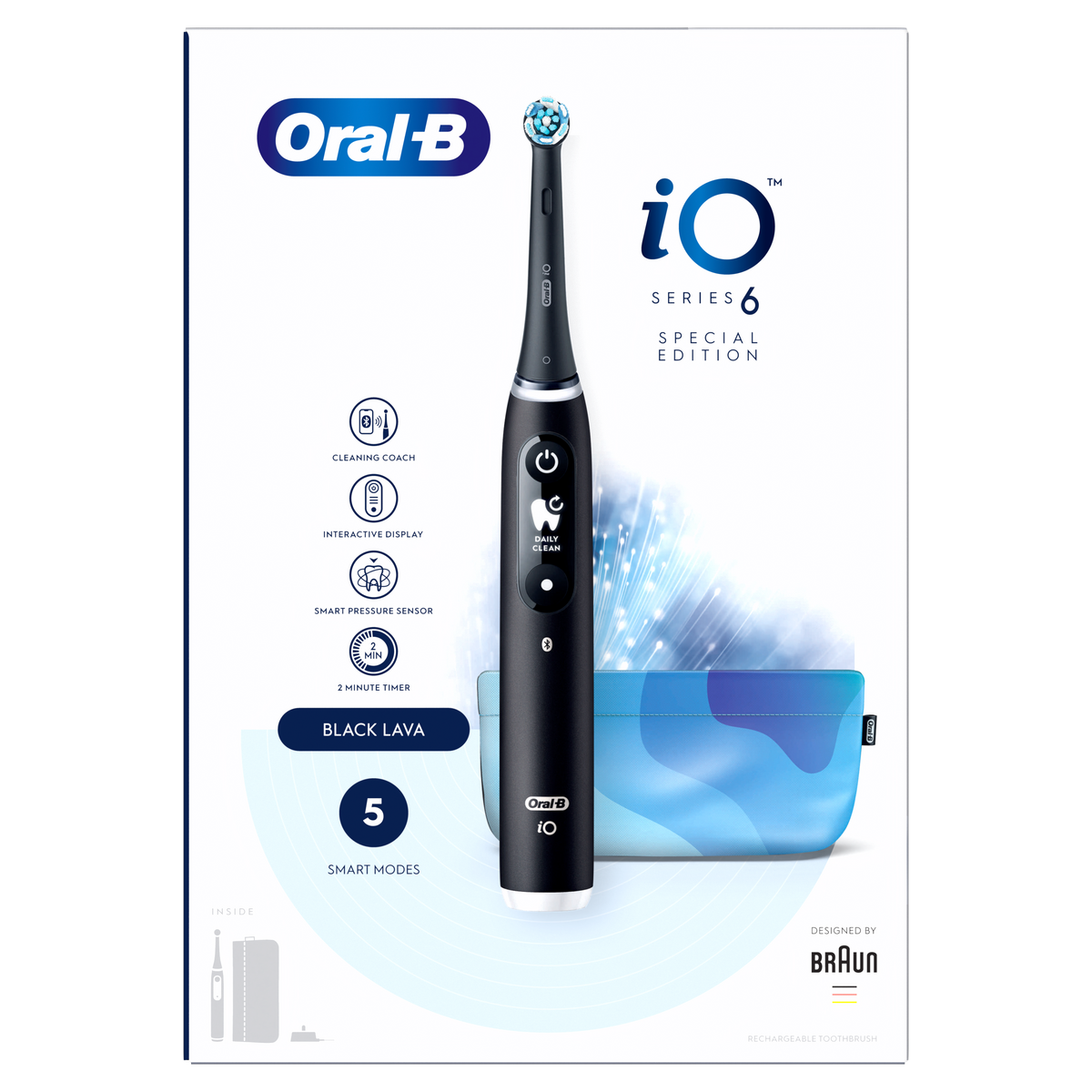 Black Lava Oral-B iO6 electric toothbrush with interactive display, round brush head, and matching travel case on product box.
