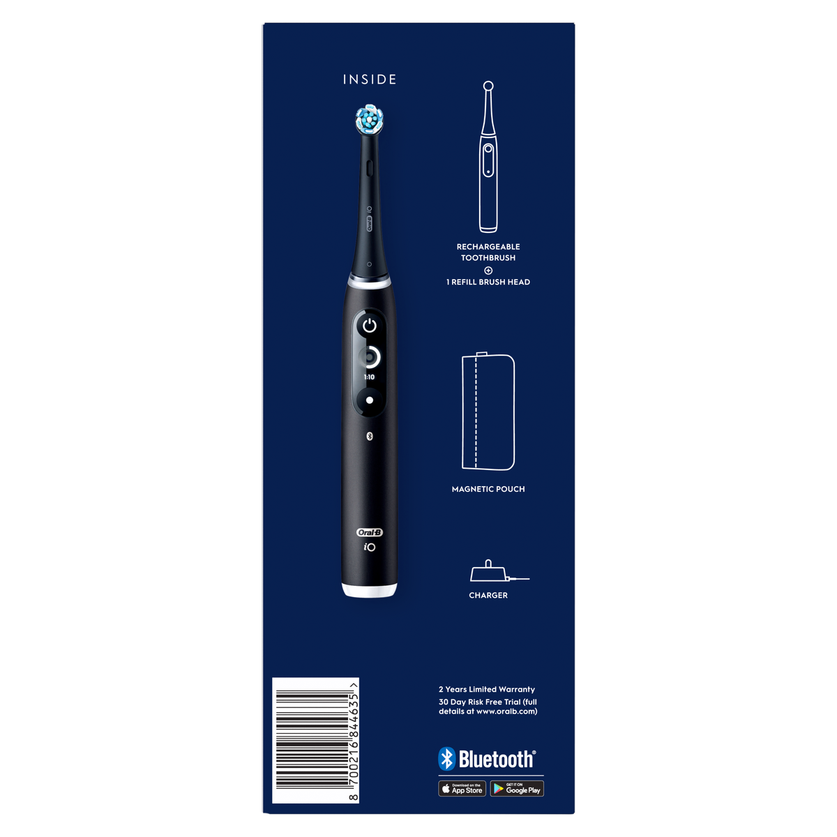 Black Oral-B iO6 electric toothbrush with interactive display, refill head, magnetic pouch, and charger on blue packaging.