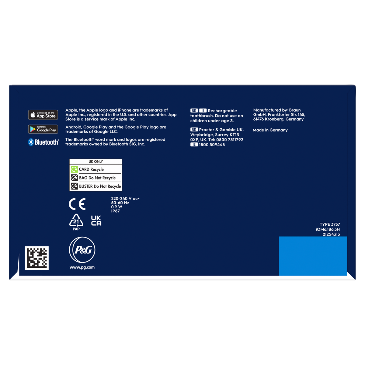 Dark blue Oral-B iO6 packaging back panel with recycling info, technical specifications, and manufacturer details.