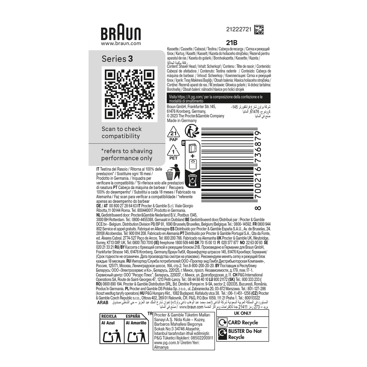 Braun 21B Replacement Foil & Cutter Cassette- Compatible with Series 3 Shavers - Made In Germany - Healthxpress.ie