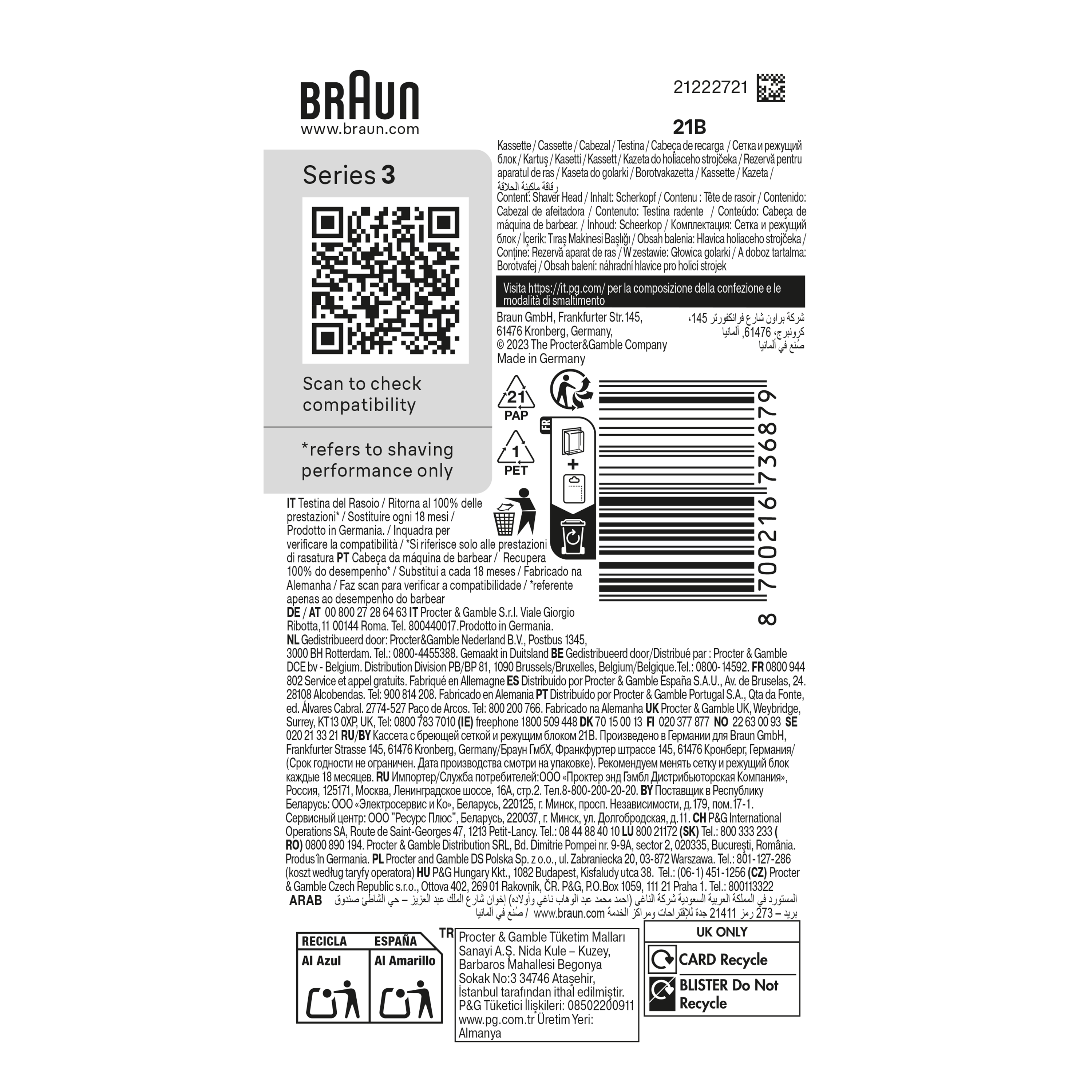 Braun 21B Replacement Foil & Cutter Cassette- Compatible with Series 3 Shavers - Made In Germany