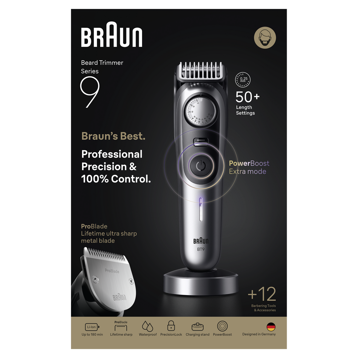 Braun Beard Trimmer Series 9, +12 Barbering Tools, 52 Lengths, ProBlade, BT9560, Chrome - Healthxpress.ie