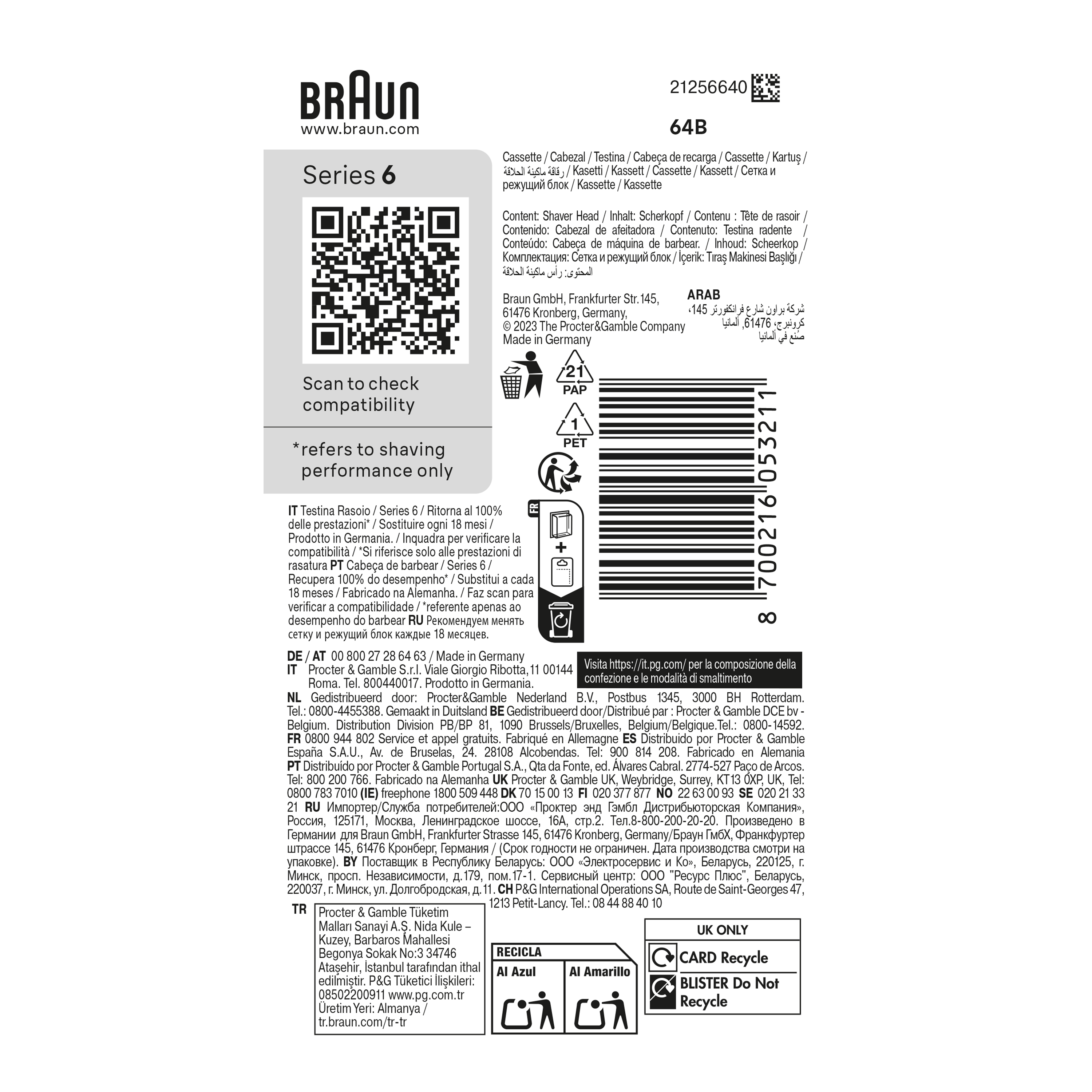 Braun 64B Series 6 Electric Shaver Replacement Head, Compatible With 60, 61, 62 Generations Shavers, Made in Germany