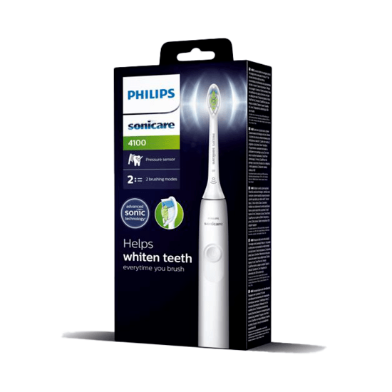 White Philips Sonicare 4100 electric toothbrush in its black retail packaging box featuring sonic technology icons.