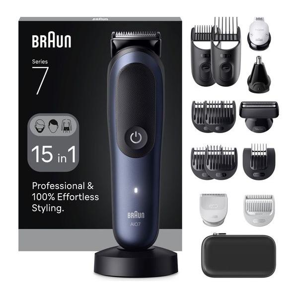 Blue Braun Series 7 all-in-one trimmer with ProBlade, charging stand, and 15 grooming attachments in a black storage case.