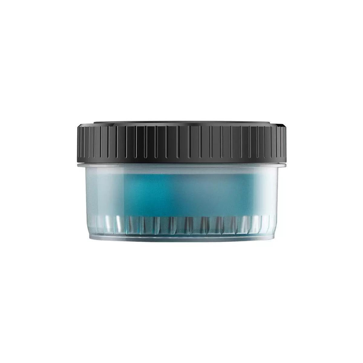 Philips Quick Clean Pod cleaning cartridge with a black ridged cap and clear container holding blue cleaning fluid.