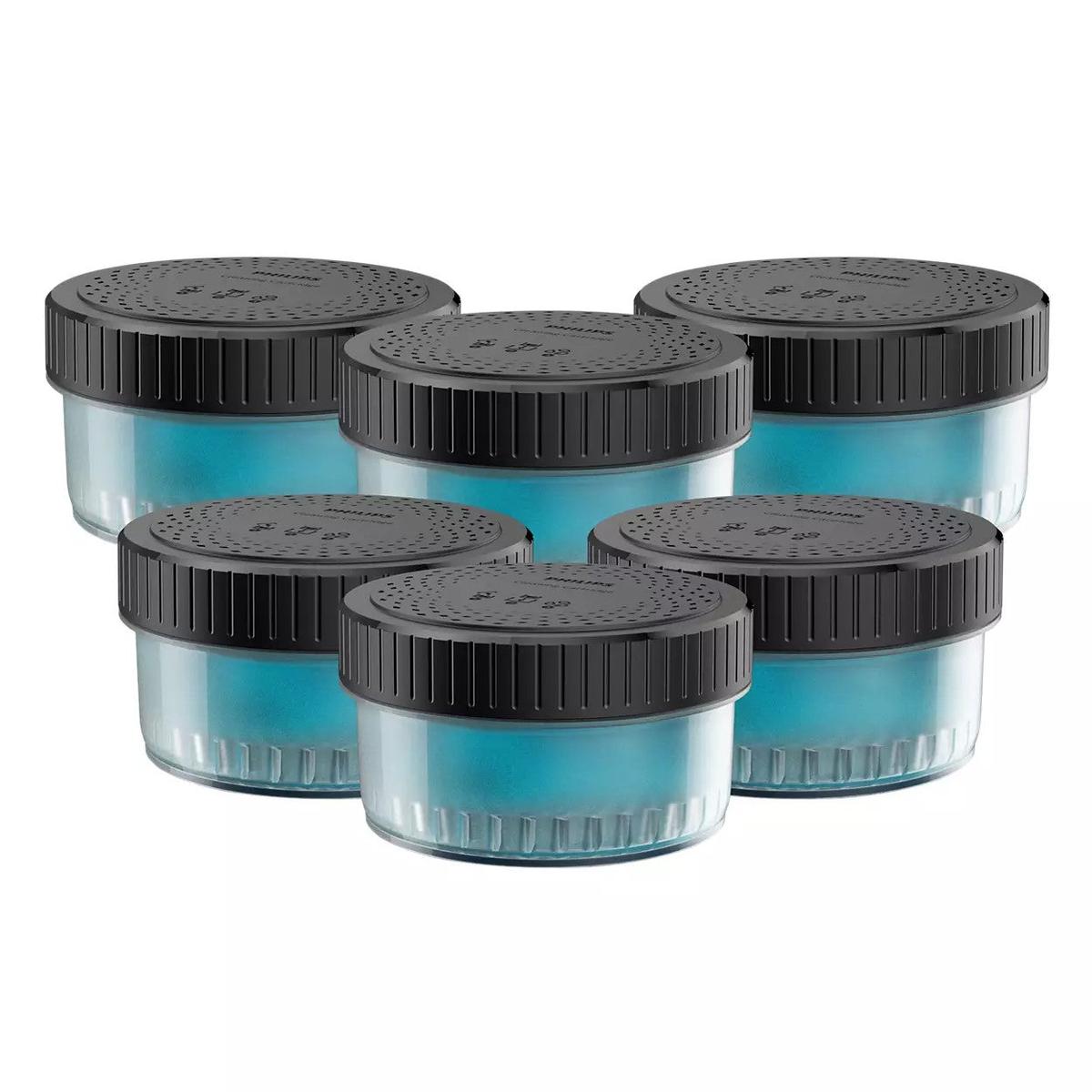 Six Philips Quick Clean Pod cartridges with blue cleaning fluid and black vented lids arranged in a cluster.