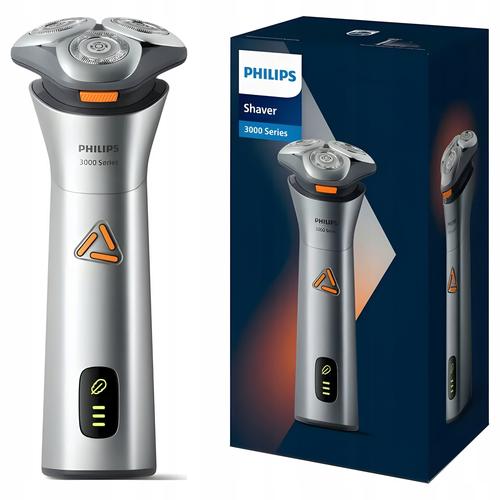 Philips 3000 Series silver electric shaver with 6D flex heads and orange accents, displayed next to its product packaging.