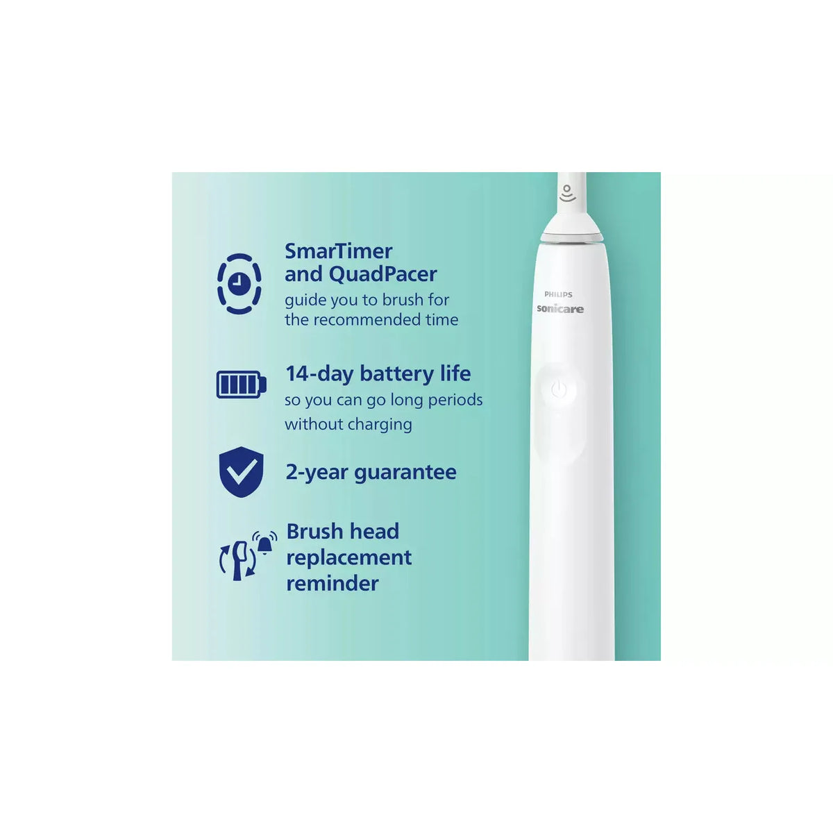 White Philips Sonicare 4100 electric toothbrush with feature icons for SmartTimer, battery life, and brush head replacement.