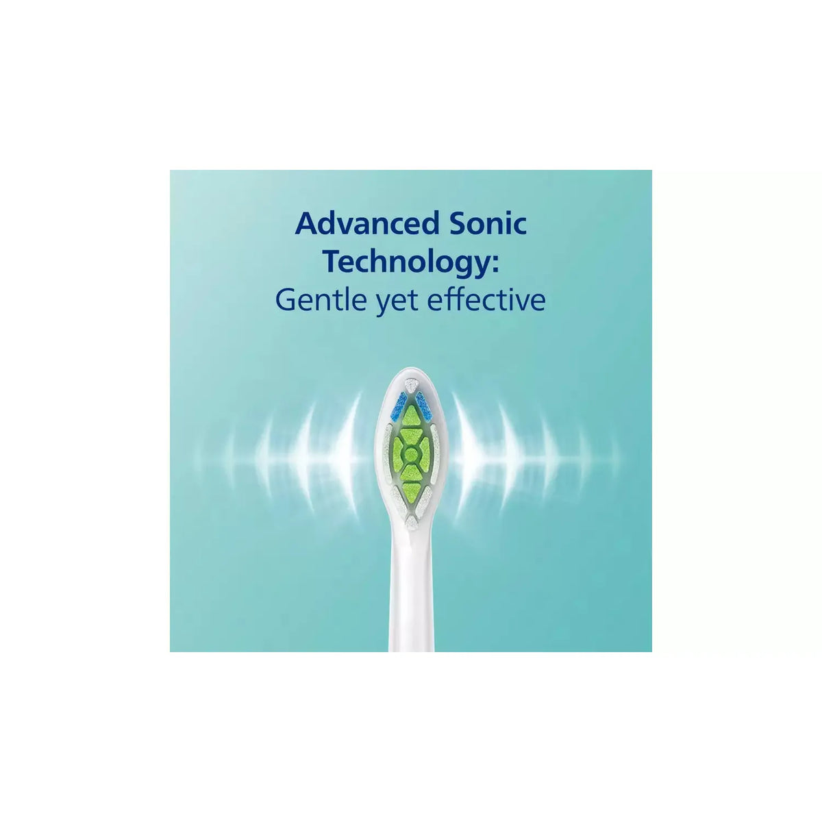 Philips Sonicare toothbrush head with green and blue bristles showing sonic vibration waves on a light blue background.
