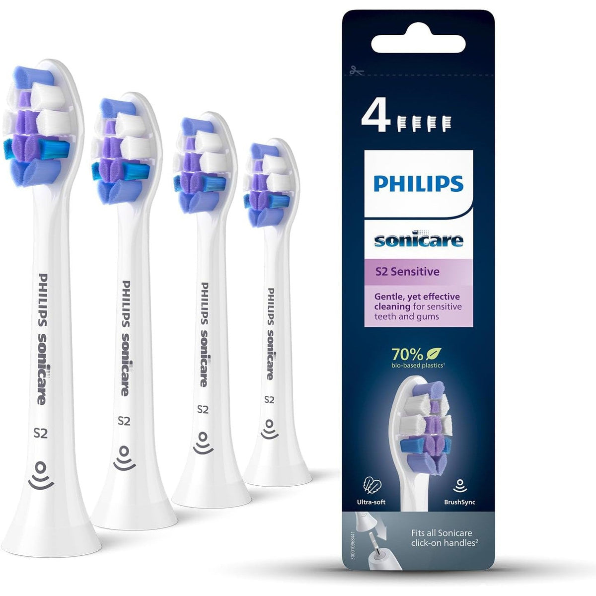 Philips Sonicare Brush Heads, S2 Sensitive Brush Head with Ultra-Soft bristles for Sensitive Teeth and Gums, White, 4-Pack, (Model HX6054/10) - Healthxpress.ie