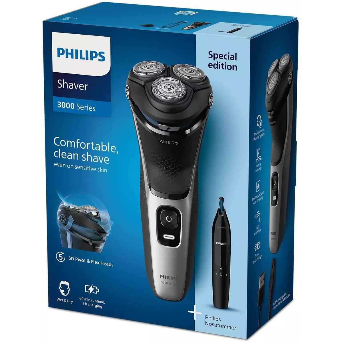 Philips Shaver 3000 Series Wet & Dry Electric Shaver with Nose Trimmer – S3143/02