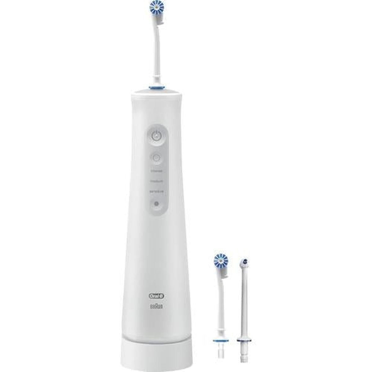 White Oral-B Aquacare cordless dental irrigator with control buttons and two interchangeable nozzles on a white background.