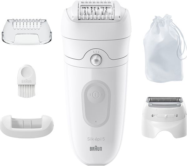 White Braun Silk-épil 5 wet and dry epilator with massage cap, shaver head, cleaning brush, and storage pouch.