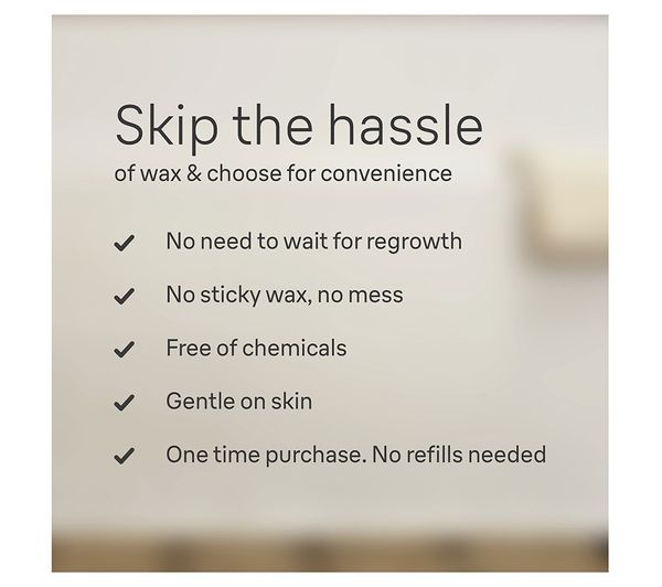 Text graphic listing benefits of Braun Silk-épil 5 epilator, comparing it to waxing with checkmarks on a light background.