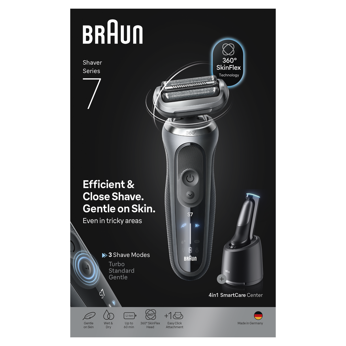 Grey Braun Series 7 electric shaver with 360 SkinFlex head and 4in1 SmartCare Center on a black background.