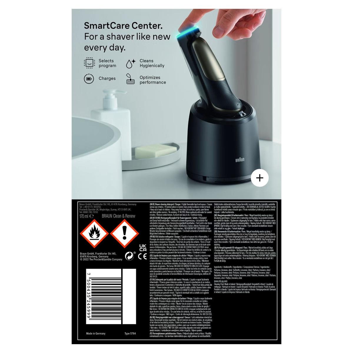 Braun SmartCare Center cleaning cartridge for Series 7 electric shavers with multi-language safety and usage instructions.