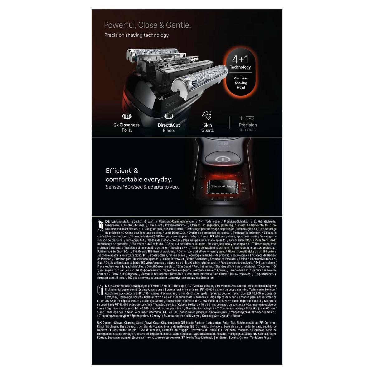 Black Braun Series 9 Sport electric shaver featuring 4+1 shaving technology, precision head, and multi-language product specs.