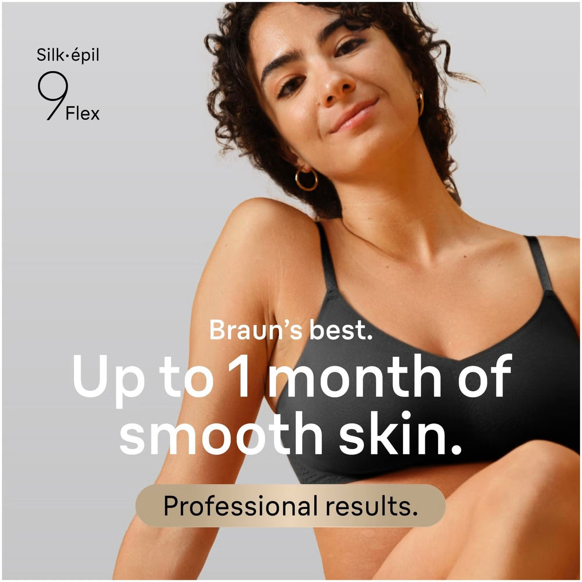 Woman with curly hair posing next to Braun Silk-épil 9 Flex branding and text promoting long-lasting smooth skin results.