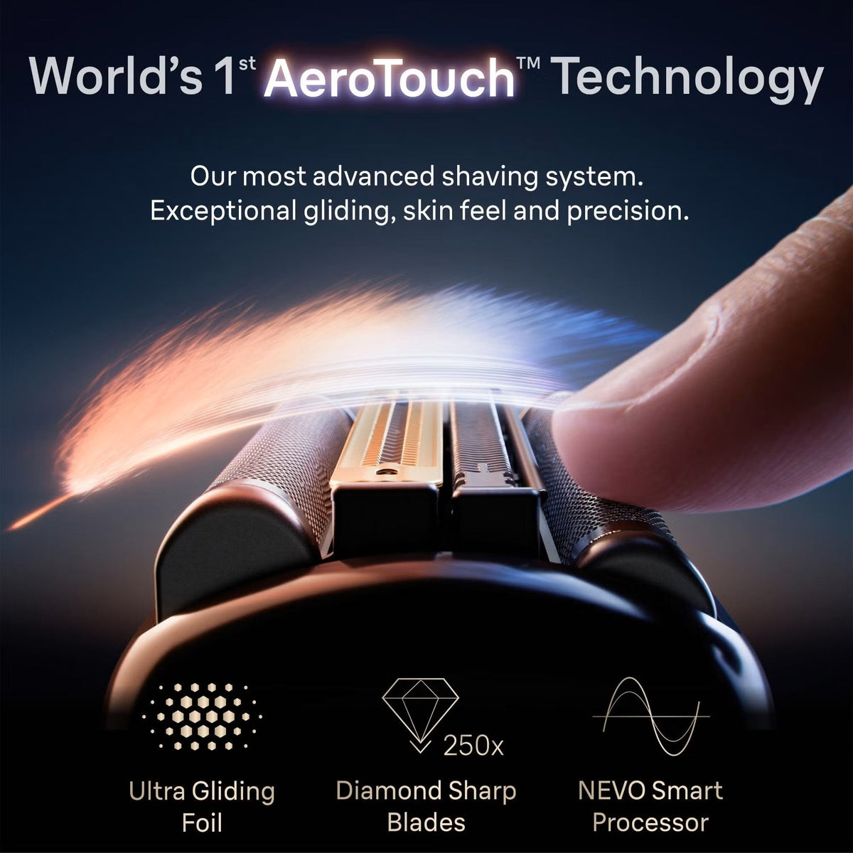 Black Braun Nevo-B electric shaver replacement head featuring AeroTouch foil technology and precision diamond-sharp blades.