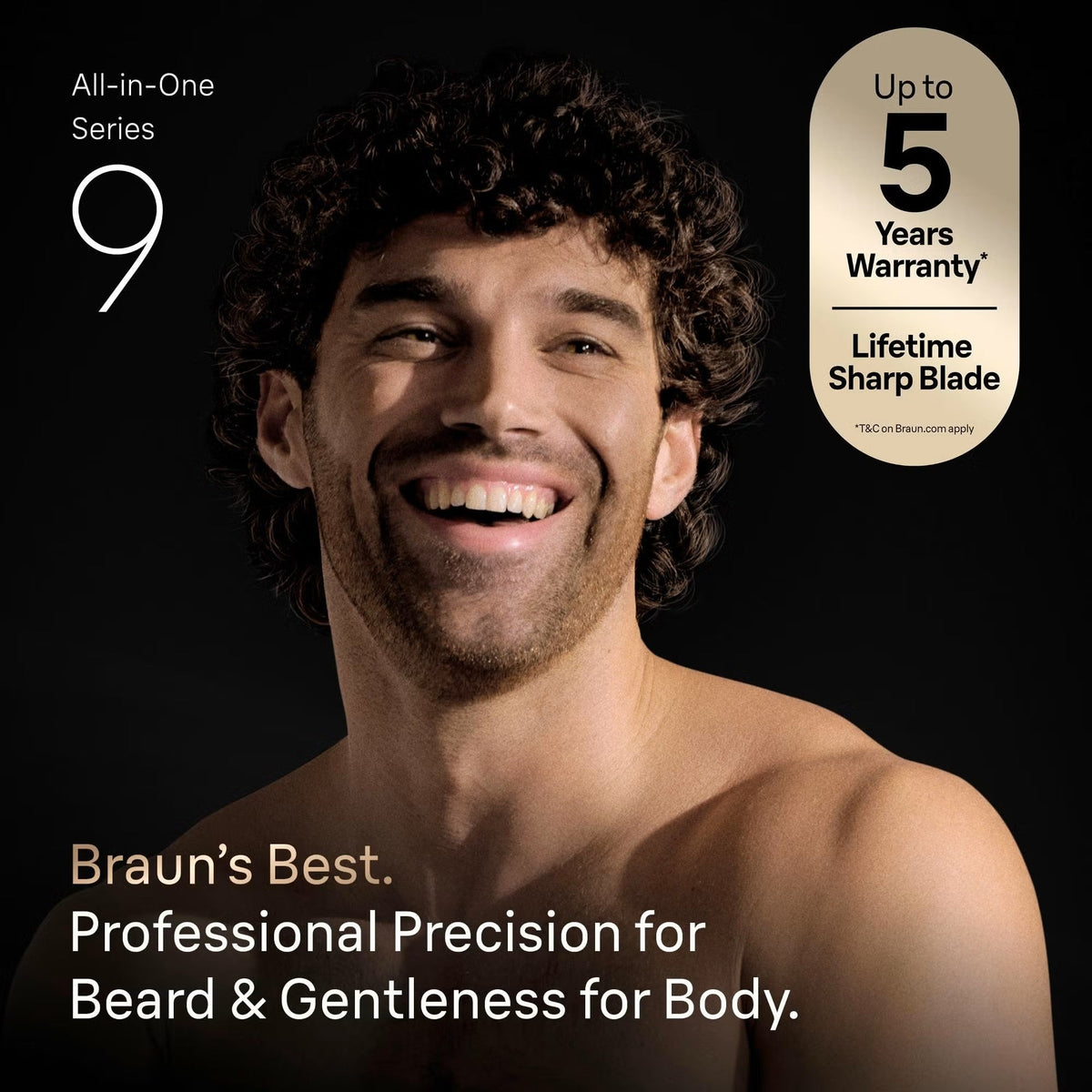 Smiling man with groomed beard promoting Braun Series 9 All-in-One trimmer with 5-year warranty and lifetime sharp blade.