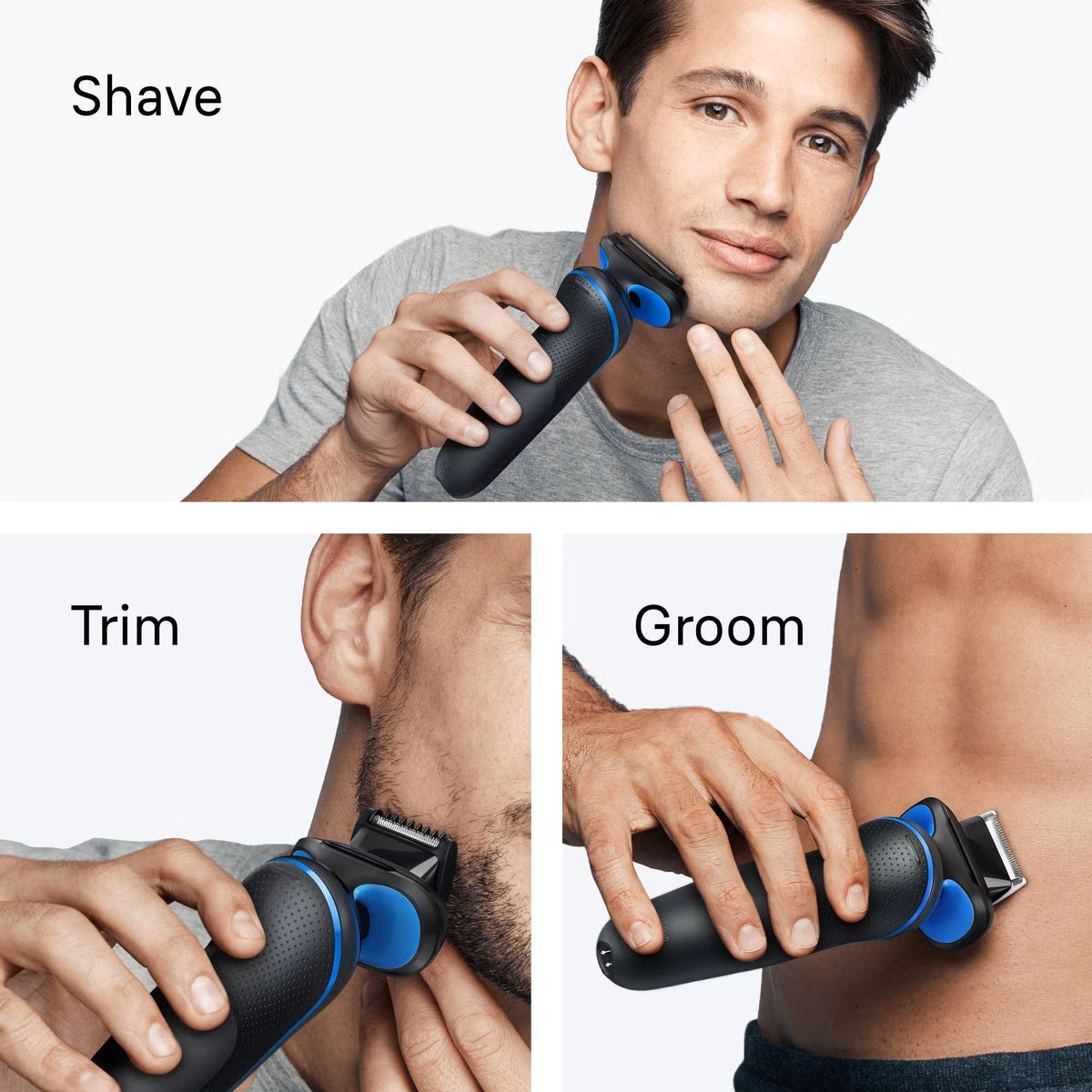 Man using a blue and black Braun Series 5 electric shaver with beard trimmer and body groomer attachments.