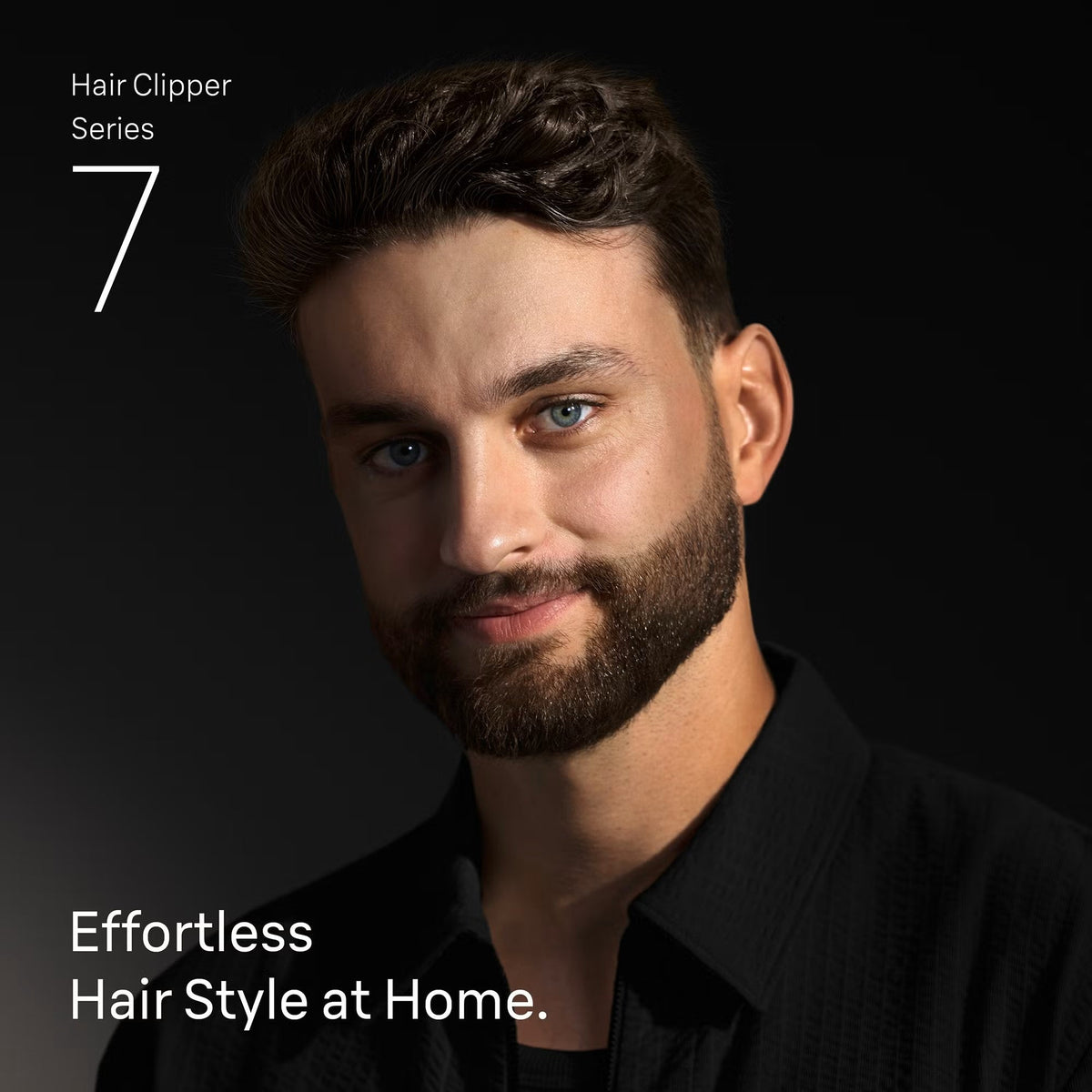 Man with a neatly groomed beard and stylish haircut against a black background, promoting Braun Series 7 hair clippers.