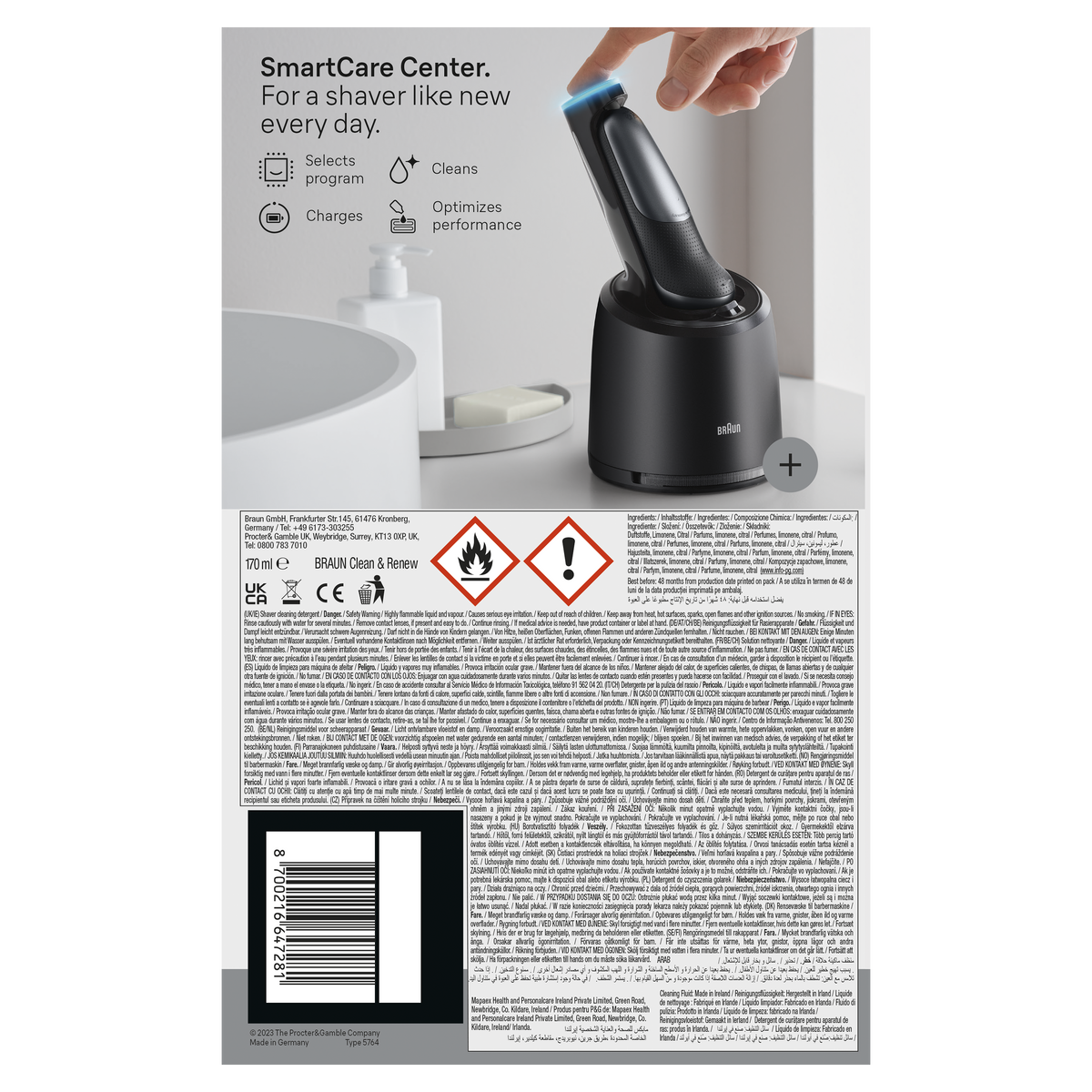 Braun Clean & Renew cleaning fluid cartridge for electric shavers in a 170ml bottle with multi-language product information.