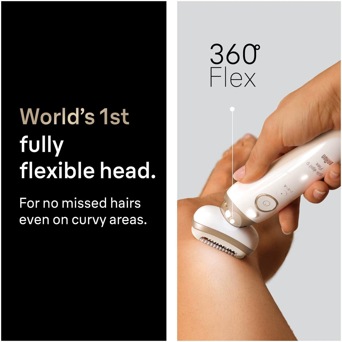 White and gold Braun Silk-épil 9 Flex epilator with a 360-degree flexible head being used on a leg.