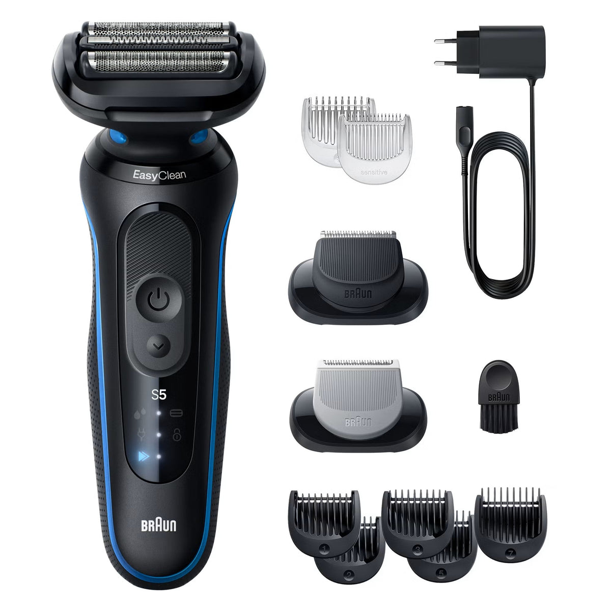 Braun Series 5 electric shaver in black and blue with trimmer attachments, grooming heads, charger, and cleaning brush.