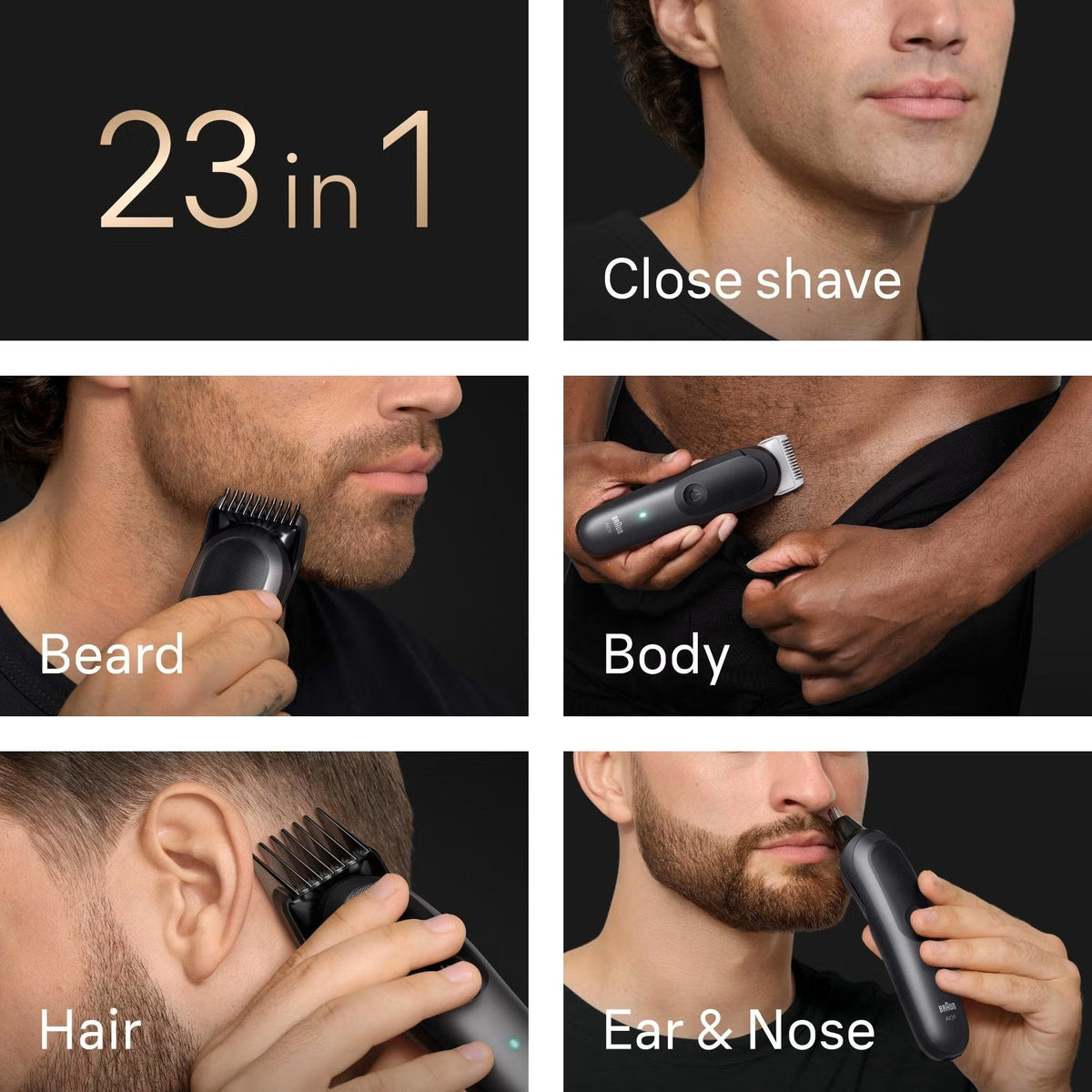 Braun Series 9 23-in-1 grey grooming kit showing beard, body, hair, and ear trimming applications on a man.