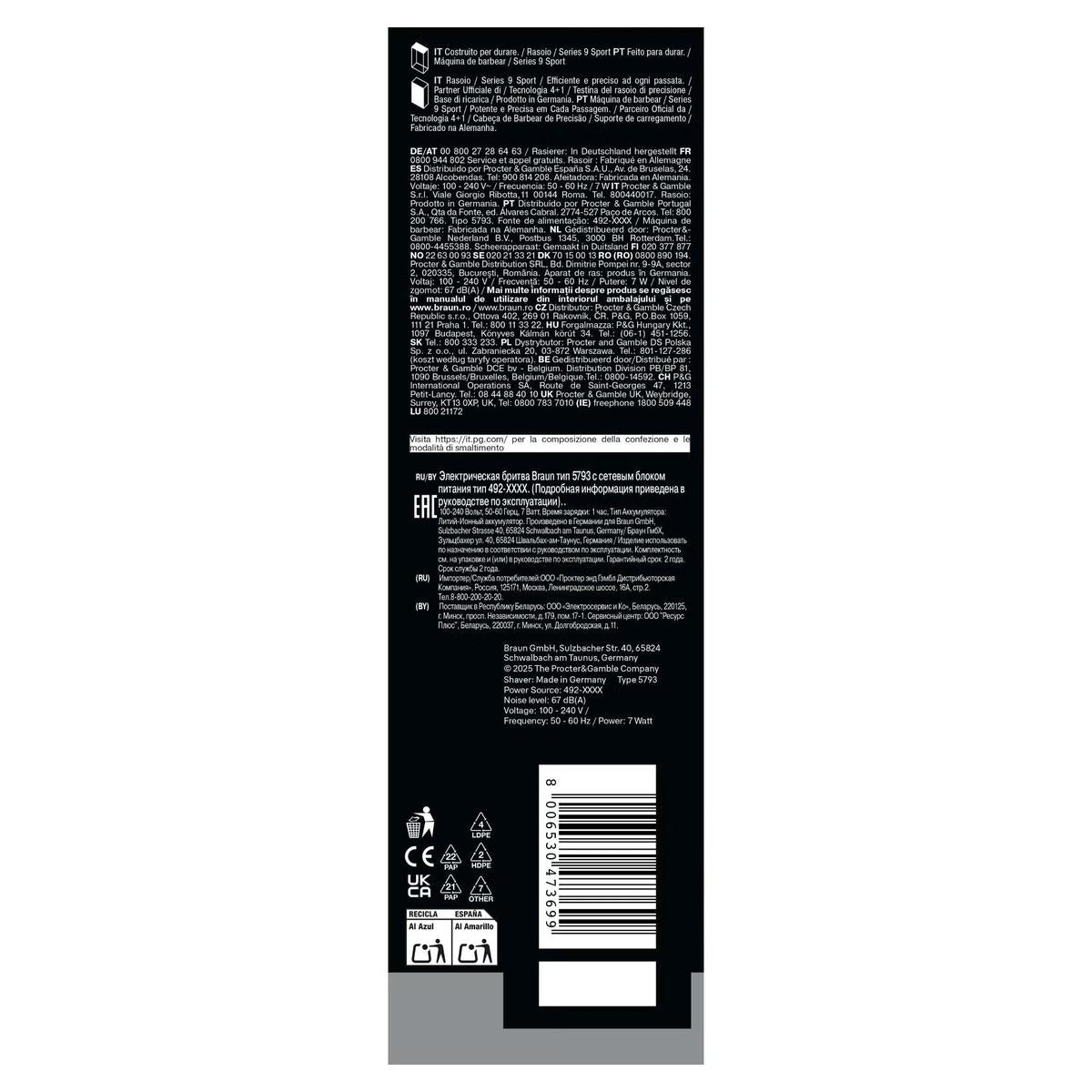 Black Braun Series 9 Sport electric shaver packaging back panel with technical specifications, safety icons, and barcode.
