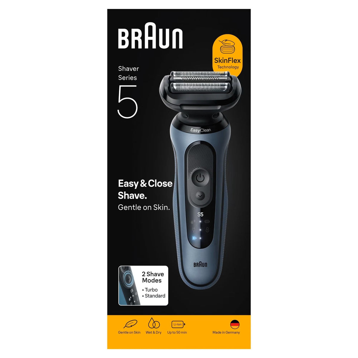 Azure Braun Series 5 electric shaver with 3 Flex blades, power button, and LED indicators on black retail packaging.