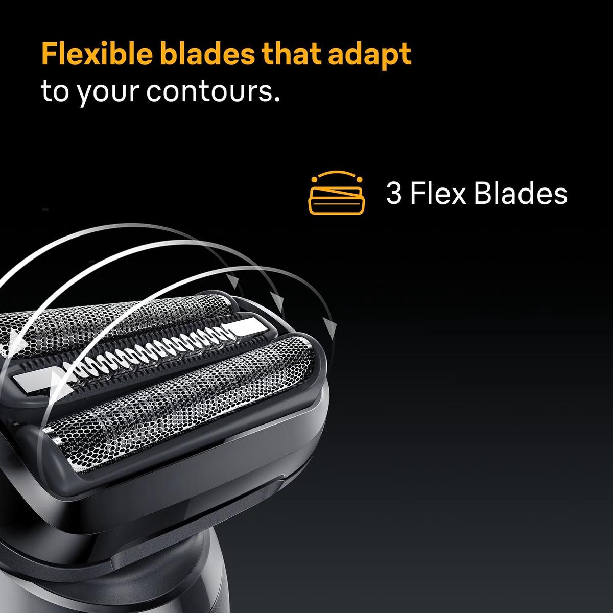 Braun Series 5 electric shaver head featuring three flexible blades that adapt to facial contours for a close, comfortable shave.