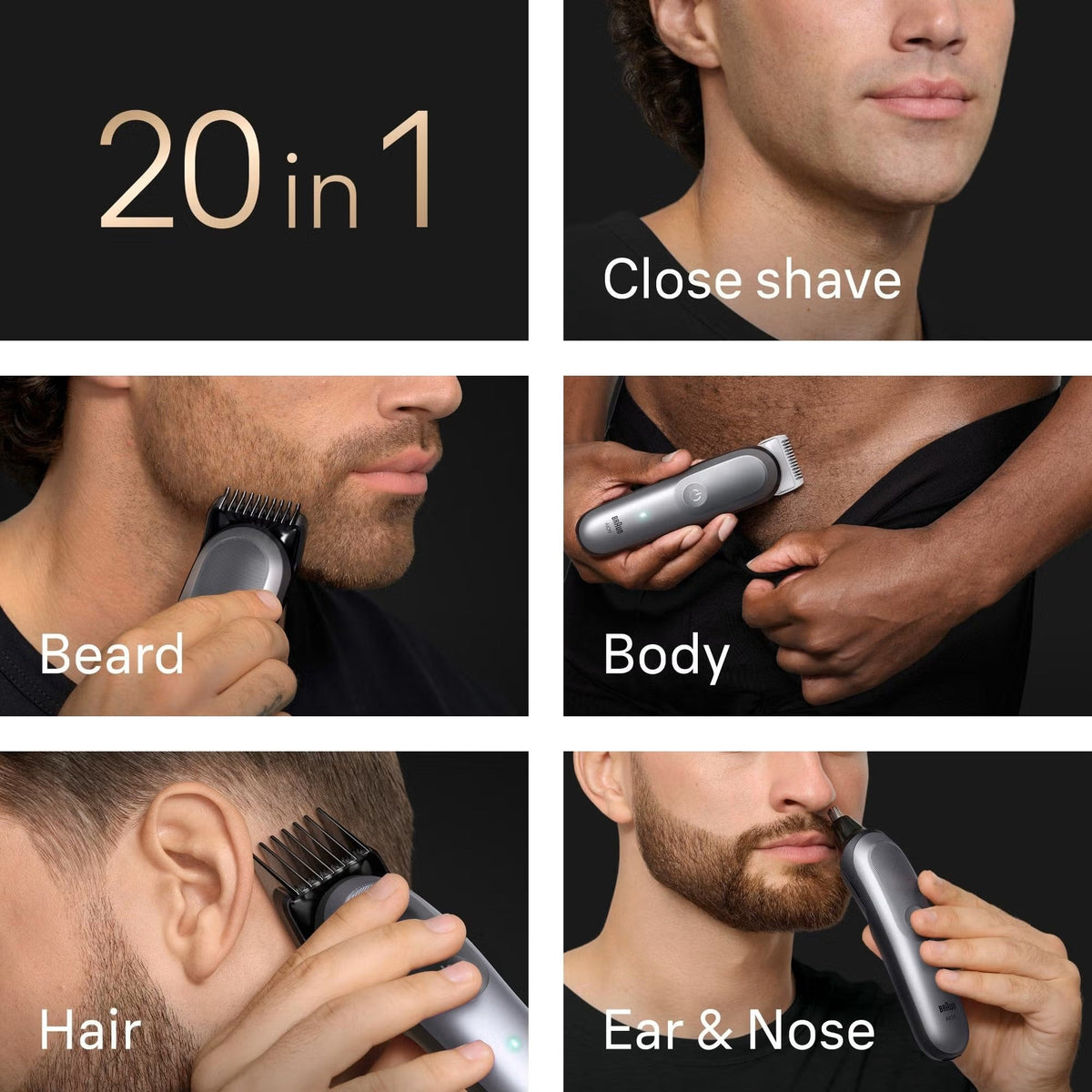 Braun Series 9 20-in-1 grey grooming kit showing beard, body, hair, and ear and nose trimming features.