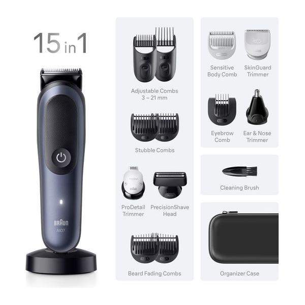 Blue Braun Series 7 all-in-one trimmer with ProBlade, multiple grooming attachments, and black organizer case.