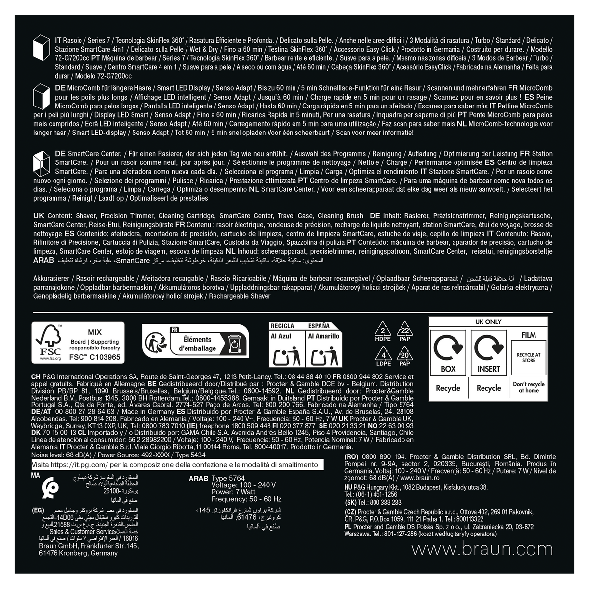 Braun Series 7 electric shaver packaging back panel with technical specifications, recycling symbols, and multilingual product info.