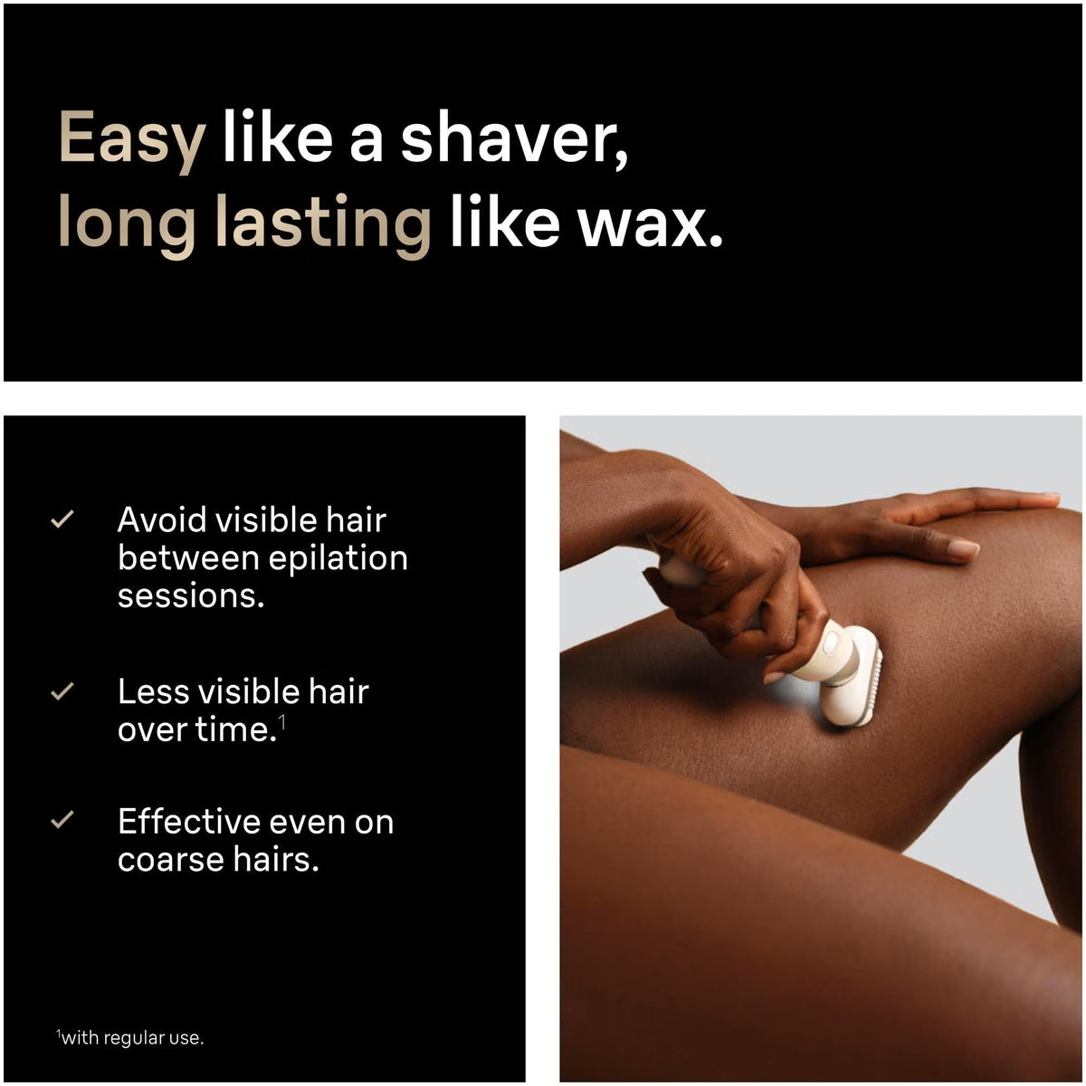 Braun Silk-épil 9 Flex white and gold epilator being used on a leg, featuring text highlights on benefits and smooth results.
