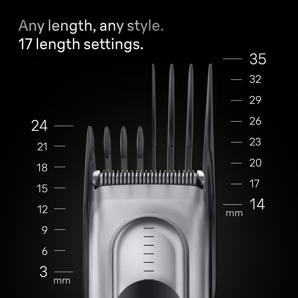 Braun Series 7 hair clipper head with a metal blade and adjustable comb showing 17 length settings from 3mm to 35mm.