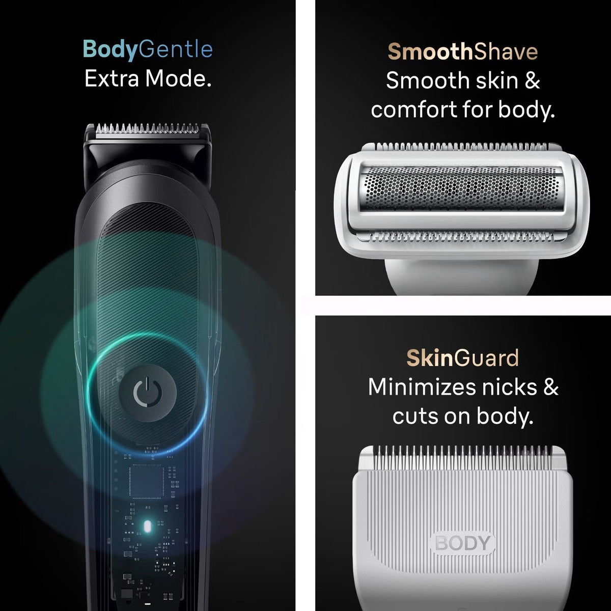 Braun Series 9 trimmer with BodyGentle mode, SmoothShave head, and SkinGuard attachment for gentle body grooming.