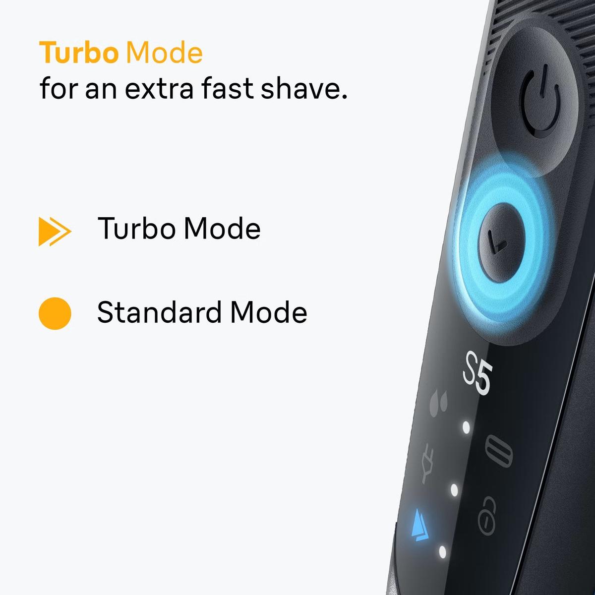 Braun Series 5 electric shaver handle showing Turbo and Standard mode settings with a glowing blue indicator light.
